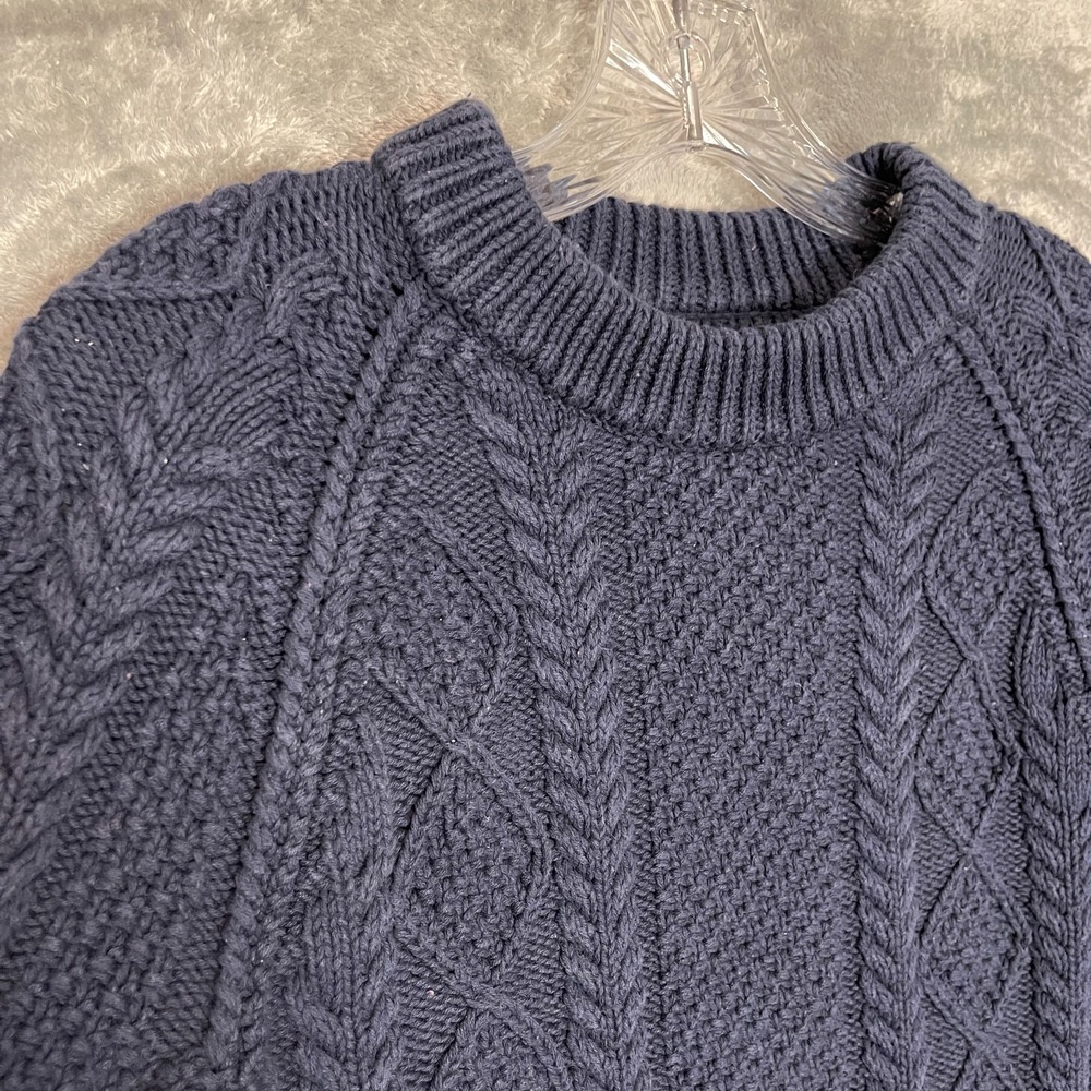 LL Bean Signature Women Cotton Chunky Cable Sweater M Fisherman Old Money Navy